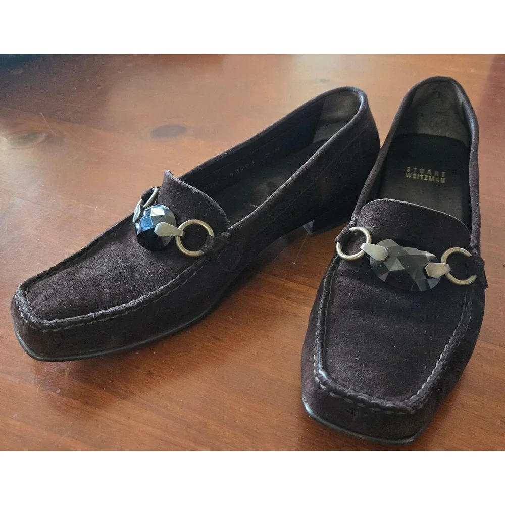 Stuart Weitzman Chic Hardrock Brown Suede Gemstone Loafers Size 7M Square Toe
